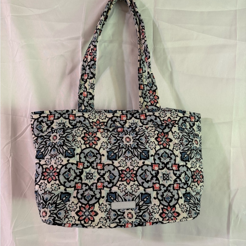 Vera Bradley Floral Mosaic Quilted Tote in White, Navy, Pink